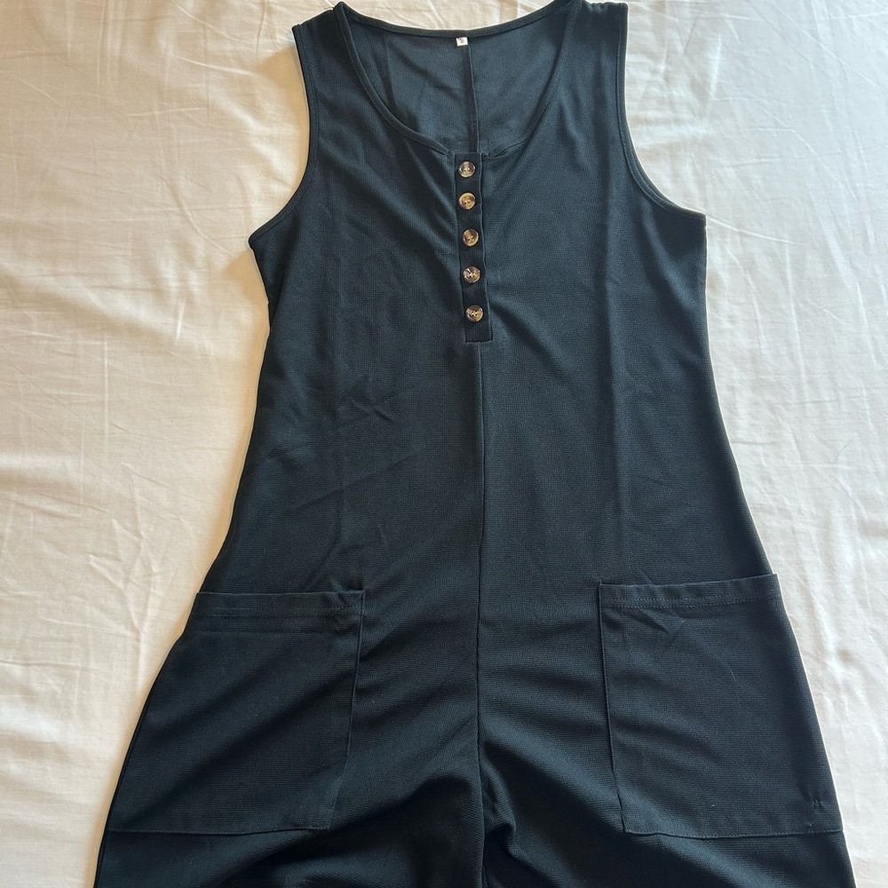 Black Sleeveless Button-Up Short Jumpsuit
